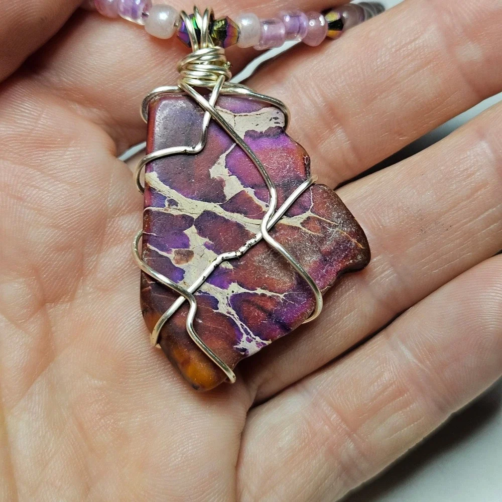 Handmade Wire Wrapped Purple Sea Sediment Jasper Pendant Necklace Womens Purple